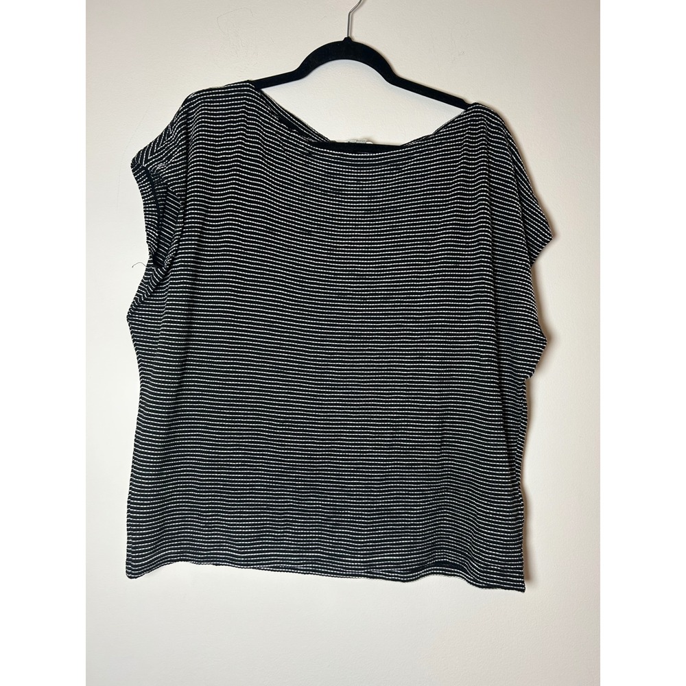 MAX‎ STUDIO LONDON Womens 1X Black White Striped Boat Neck Short Sleeve Top Plus